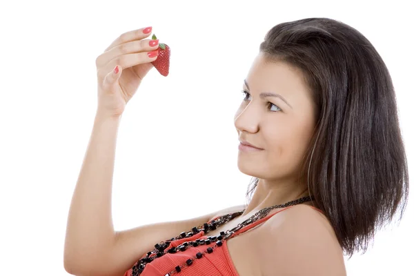 Portrait of beautiful young woman enjoy strawberry — Stock Photo, Image