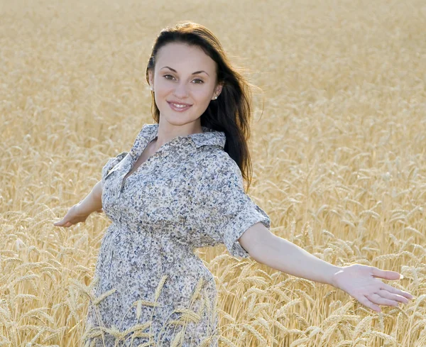 stock image Young woman in the field of golden wheat