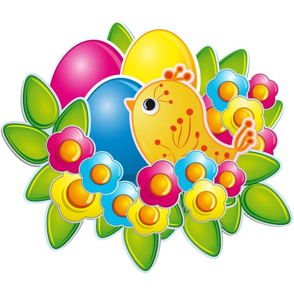 Uova di Pasqua con un pollo carino — Vettoriale Stock