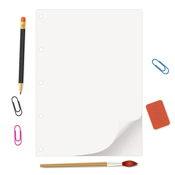 La feuille vide de papier et quelques fournitures de bureau — Image vectorielle