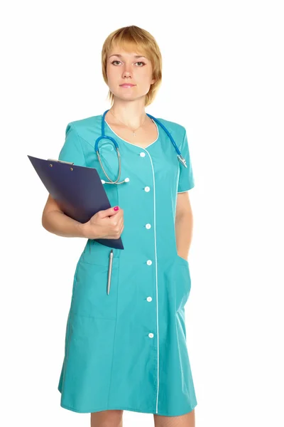 Krásná jistý lékař v zelené uniformě. — Stock fotografie