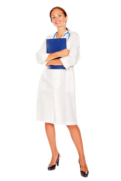 Médica atraente com uma área de transferência azul — Fotografia de Stock