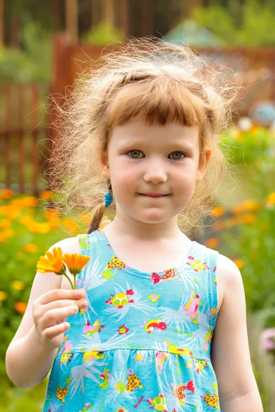 Schattig klein meisje met de bloemen in haar hand — Stockfoto