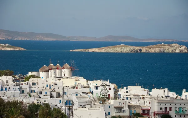 View of town of Mykonos and windmills — Stock Photo, Image
