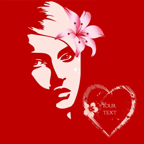 Hermosa chica de San Valentín con flor sobre fondo rojo — Foto de Stock