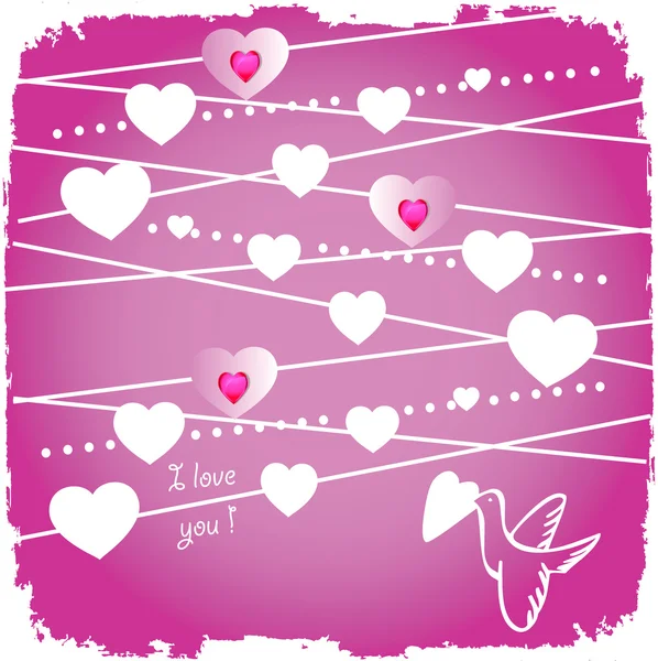 Tarjeta de San Valentín con pájaro y corazones en rosa —  Fotos de Stock