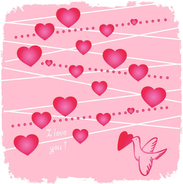 Valentim com corações e pássaro em rosa — Fotografia de Stock