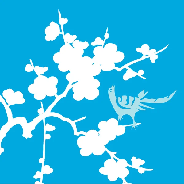 Oiseau blanc avec fleurs sur bleu — Photo