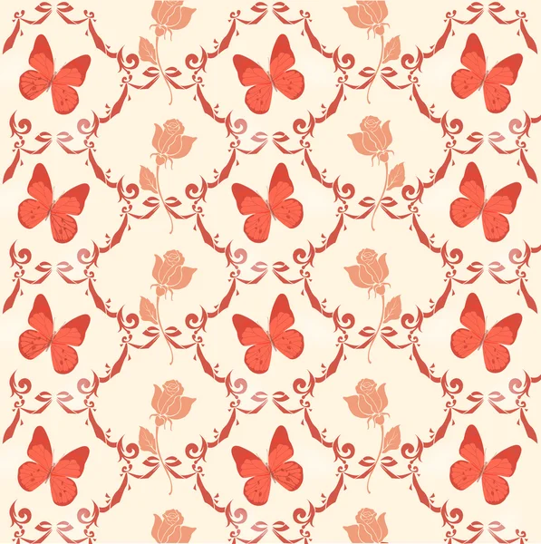 A pillangók és a rózsa-mintás háttérrel — Stock Fotó