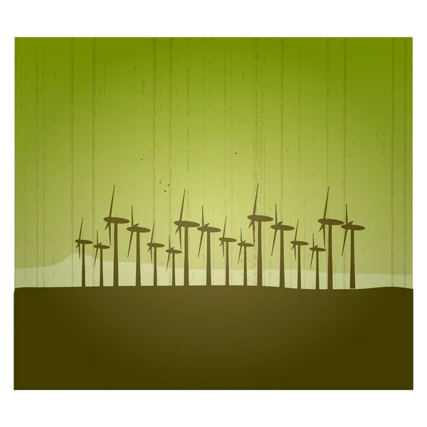 stock image Green eco wind-mill silhouettes on grunge green