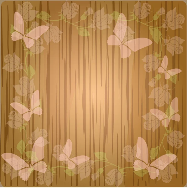 Wooden background with roses and butterflies — Stock Photo, Image