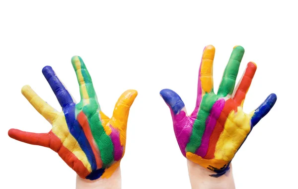 Mãos pintadas em tintas coloridas — Fotografia de Stock