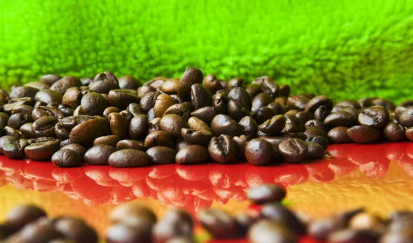 Cocoa beans on red and green — Stock Photo, Image