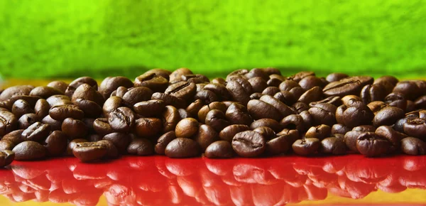Frijoles de cacao sobre fondo rojo y verde Imagen de archivo