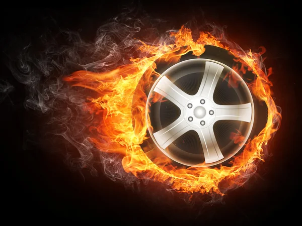 Roda do carro em chamas — Fotografia de Stock