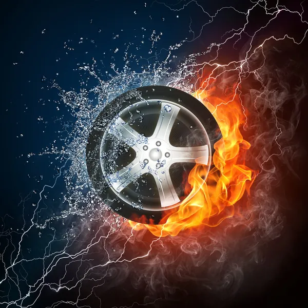 Roda do carro em chama e água — Fotografia de Stock