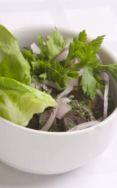 Gesalzene Pilze mit Zwiebeln, Salat, Pa dekoriert — Stockfoto