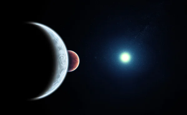 Planet mit Mond und blauem Stern — Stockfoto