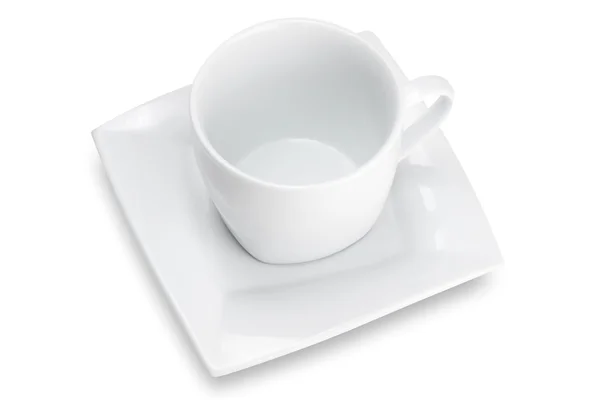 Weiße leere Tasse mit quadratischer Untertasse, Ansicht von oben — Stockfoto