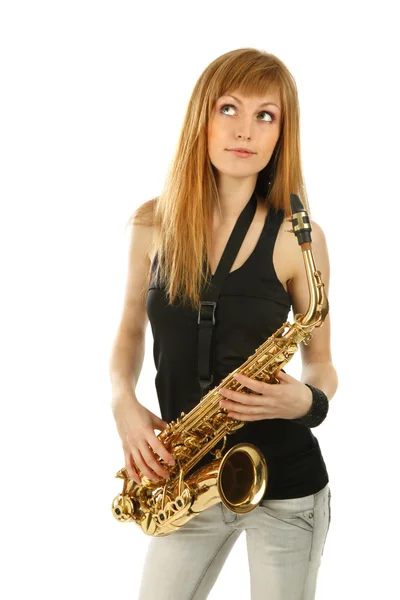 Mladá žena s saxofon — Stock fotografie
