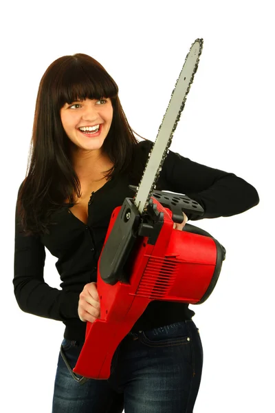 Woman with the handsaw — Stock Photo, Image