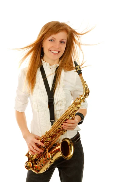 Mujer joven con saxofón — Foto de Stock