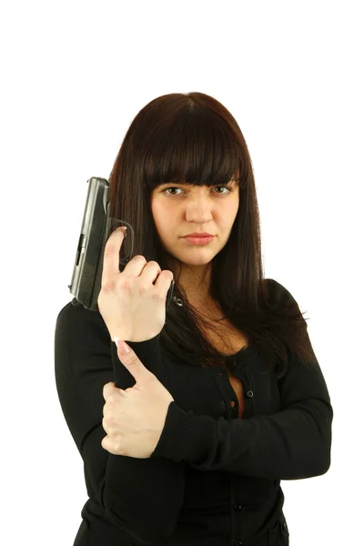 Yong smiling girl with a gun — Stock Photo, Image
