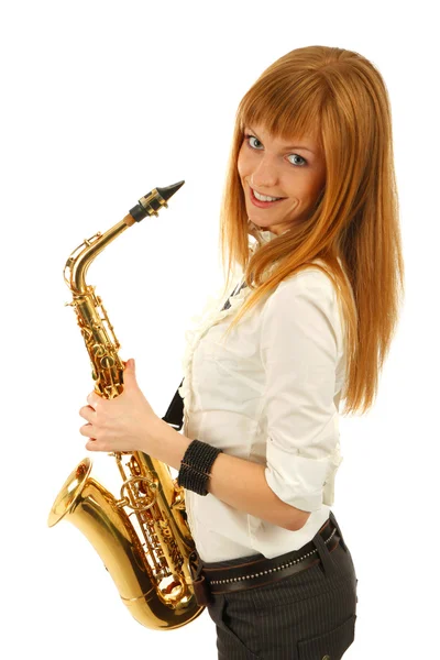 Девушка с изолированным саксофоном — стоковое фото