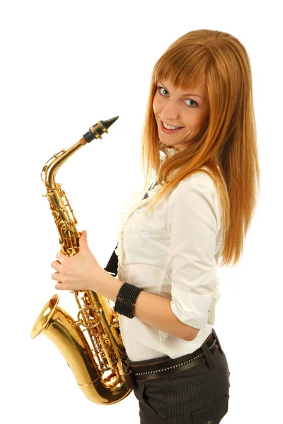 Chica con un saxo aislado fondo —  Fotos de Stock