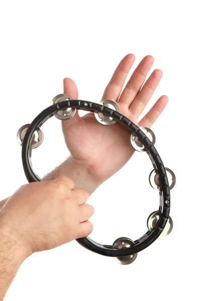 Man's hand with tambourine , closeup, isolated background — Stock Photo, Image