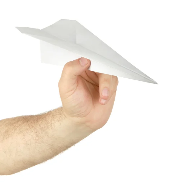 Mão de homem com avião de papel — Fotografia de Stock