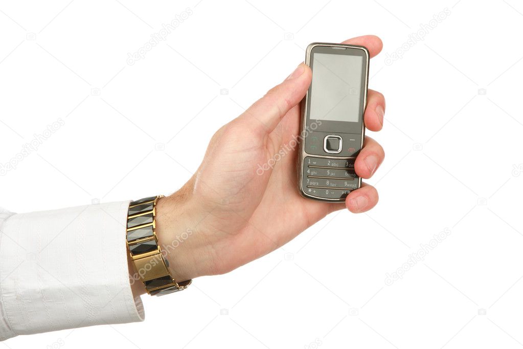 The man's hand holds mobilephone