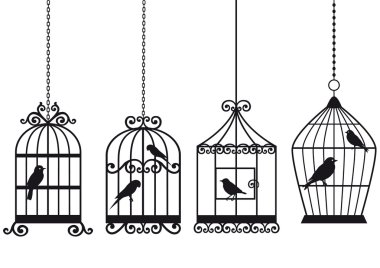 Vintage birdcages with birds clipart