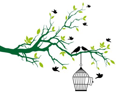 Tree with birdcage and kissing birds