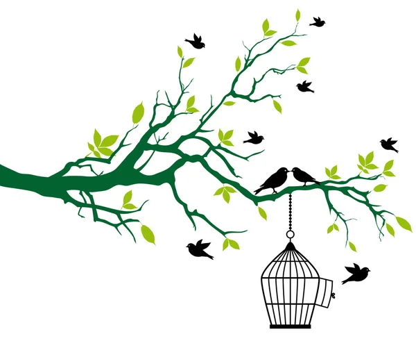 Albero con gabbia per uccelli e uccelli bacianti — Vettoriale Stock