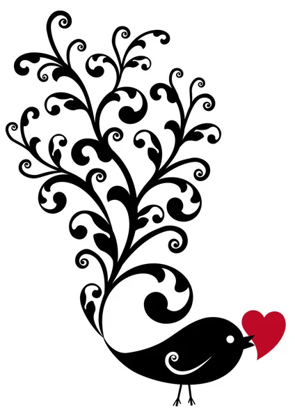 Uccello ornamentale con cuore rosso — Vettoriale Stock
