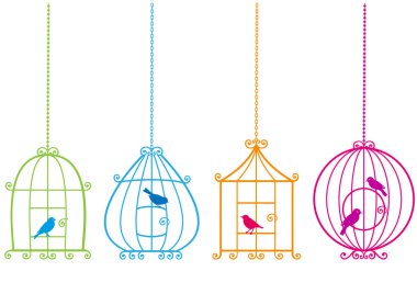 Lovely birdcages with birds, vector clipart