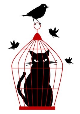 Cat in birdcage, vector clipart