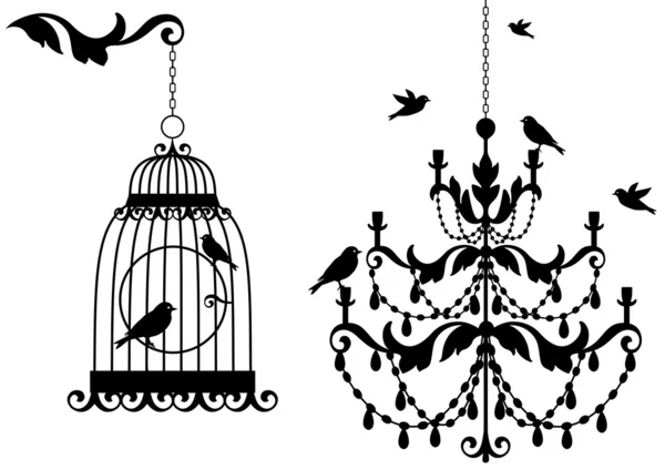 Antigua jaula para pájaros y lámpara de araña, vector — Vector de stock