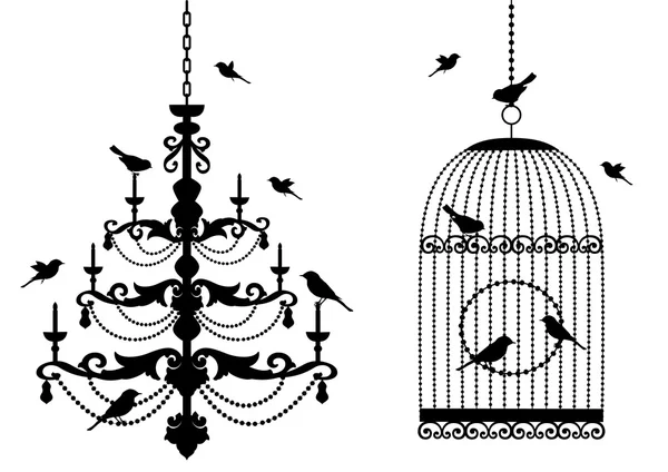 Jaula de pájaros y araña con aves, vector — Vector de stock