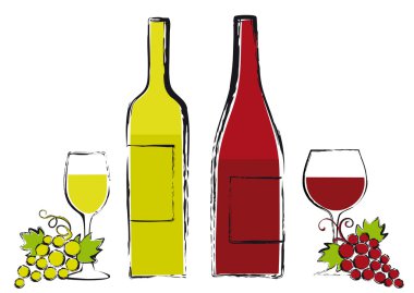 Wine bottles with glasses and grapes clipart