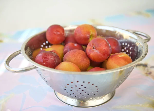 Nectarines in a rinse strainer — Stock Photo, Image