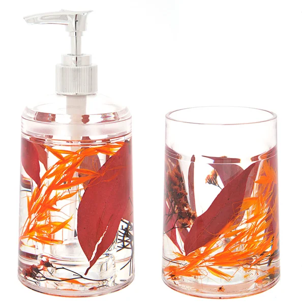 Botella de jabón líquido decorativo y vidrio —  Fotos de Stock