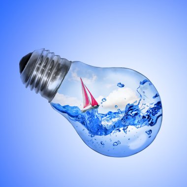 Light bulb with water and yacht inside clipart