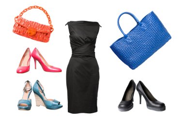 Set of female shoes, dress and bags clipart