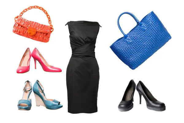 Kvinnligt skor, klänning och väskor — Stockfoto