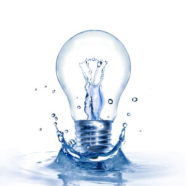 Energy concept. Light bulb with water and splash isolated on white clipart