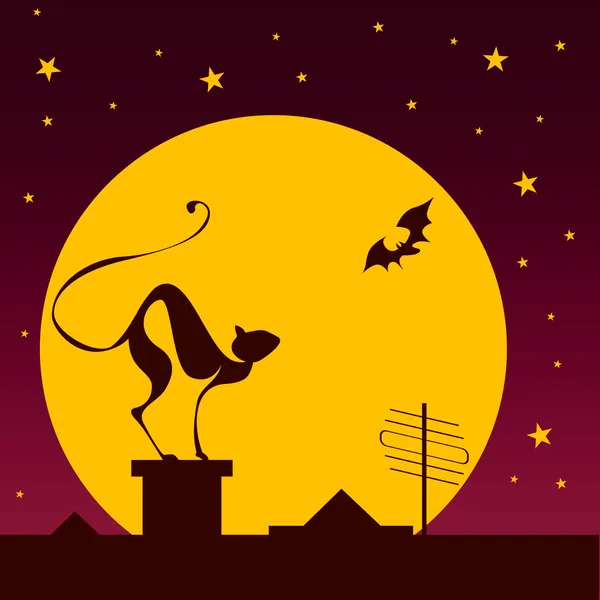 Silhuetter av svart katt och bat mot månen i halloween natten — Stockfoto