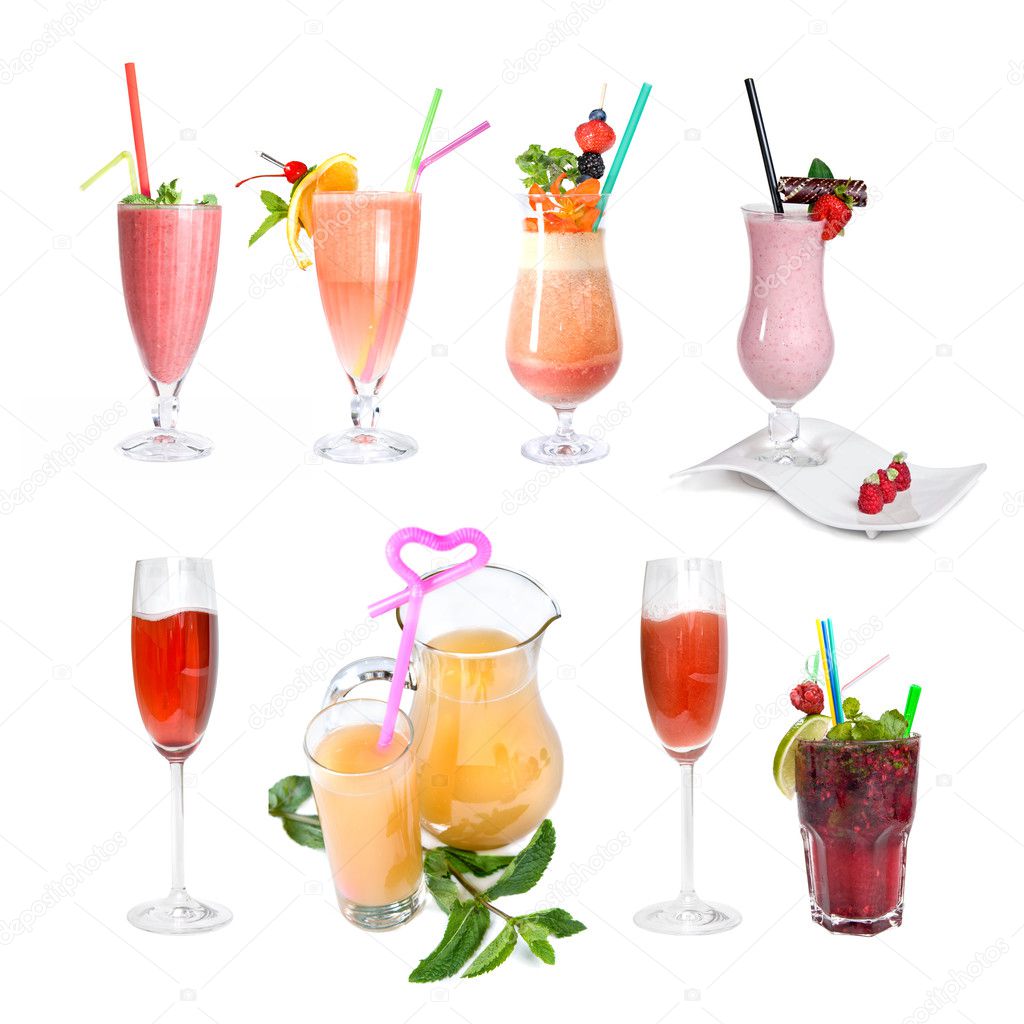 Set of various cold cocktails isolated on white