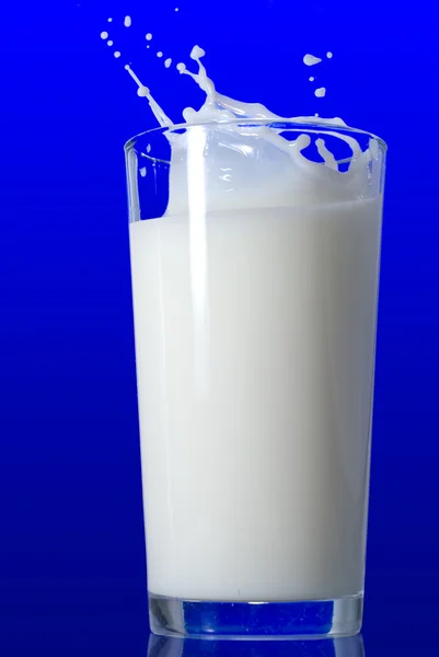 Mleko rozchlapać na niebieskim tle — Zdjęcie stockowe